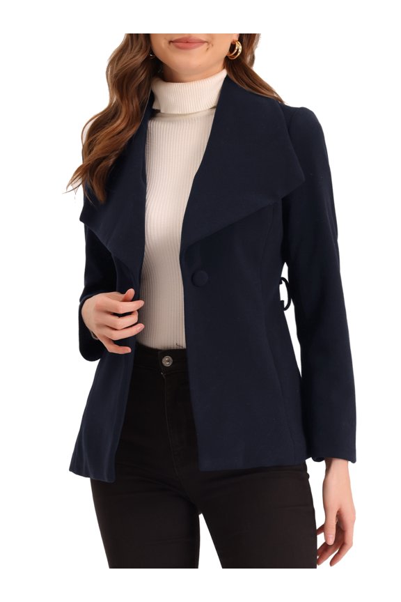 Juniors Shawl Lapel Collar Buttoned Winter Belted Coat with Pockets Dark Blue L