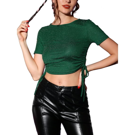 MODA NOVA Juniors Shimmer Glitter Drawstring Side Slim Fit Stretchy Shiny Crop Top