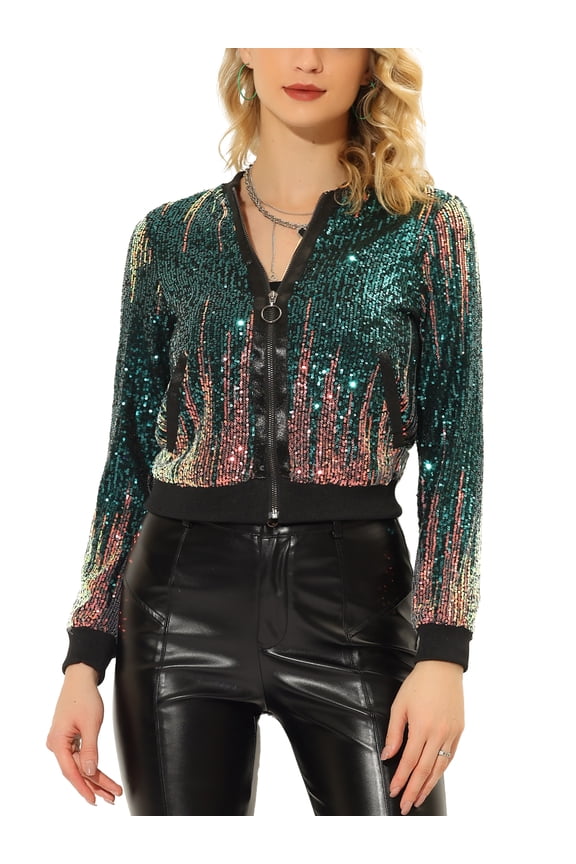 Juniors Shiny Ombre Sequin Long Sleeve Zipper Bomber Short Jacket Green Blue S