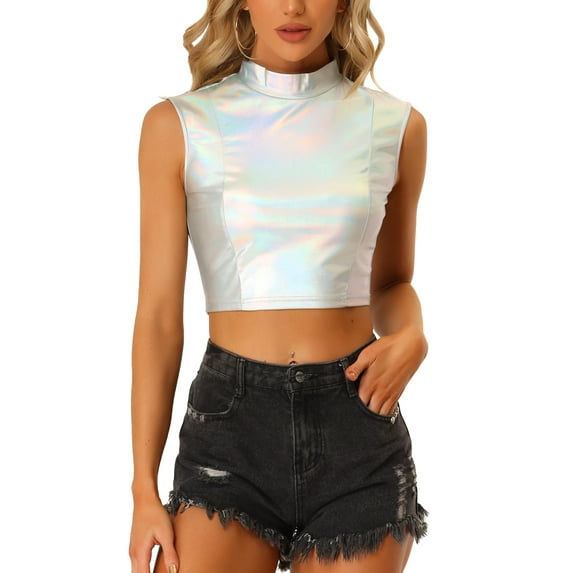 MODA NOVA Juniors Shiny Sleeveless Holographic Metallic Crop Top Silver XS