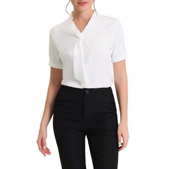 MODA NOVA Juniors Short Sleeve Casual V Neck Chiffon Blouses Tops with Tie White XS