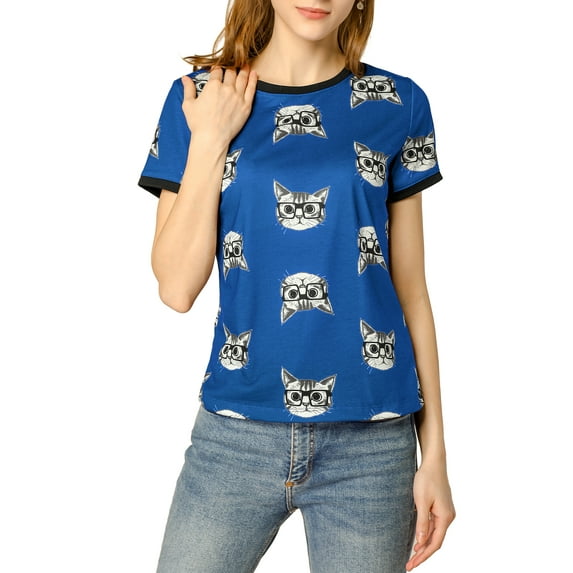 MODA NOVA Juniors Short Sleeve Contrast Cartoon Cat Pet Print Tee Ringer T-Shirt Tops Royal Blue L