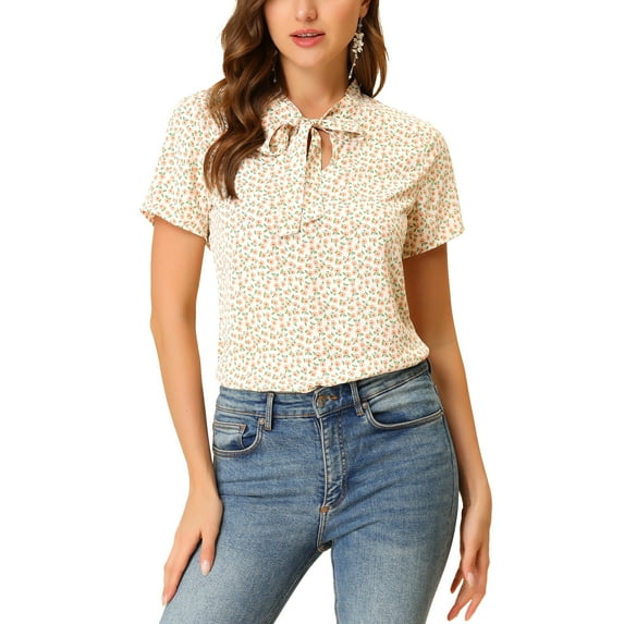 MODA NOVA Juniors Short Sleeve Tie Bow Neck Printed Blouse White Pink-Floral XS