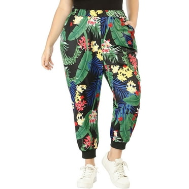 MODA NOVA Juniors' Size Cargo Hawaiian Tropical Outfits Floral Elastic Waist Jogger  Pants with Pockets