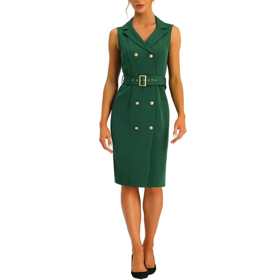 MODA NOVA Juniors Sleeveless Notched Lapel Double Breasted Belted Wear-to-Work Dress Blazer Midi Dresses