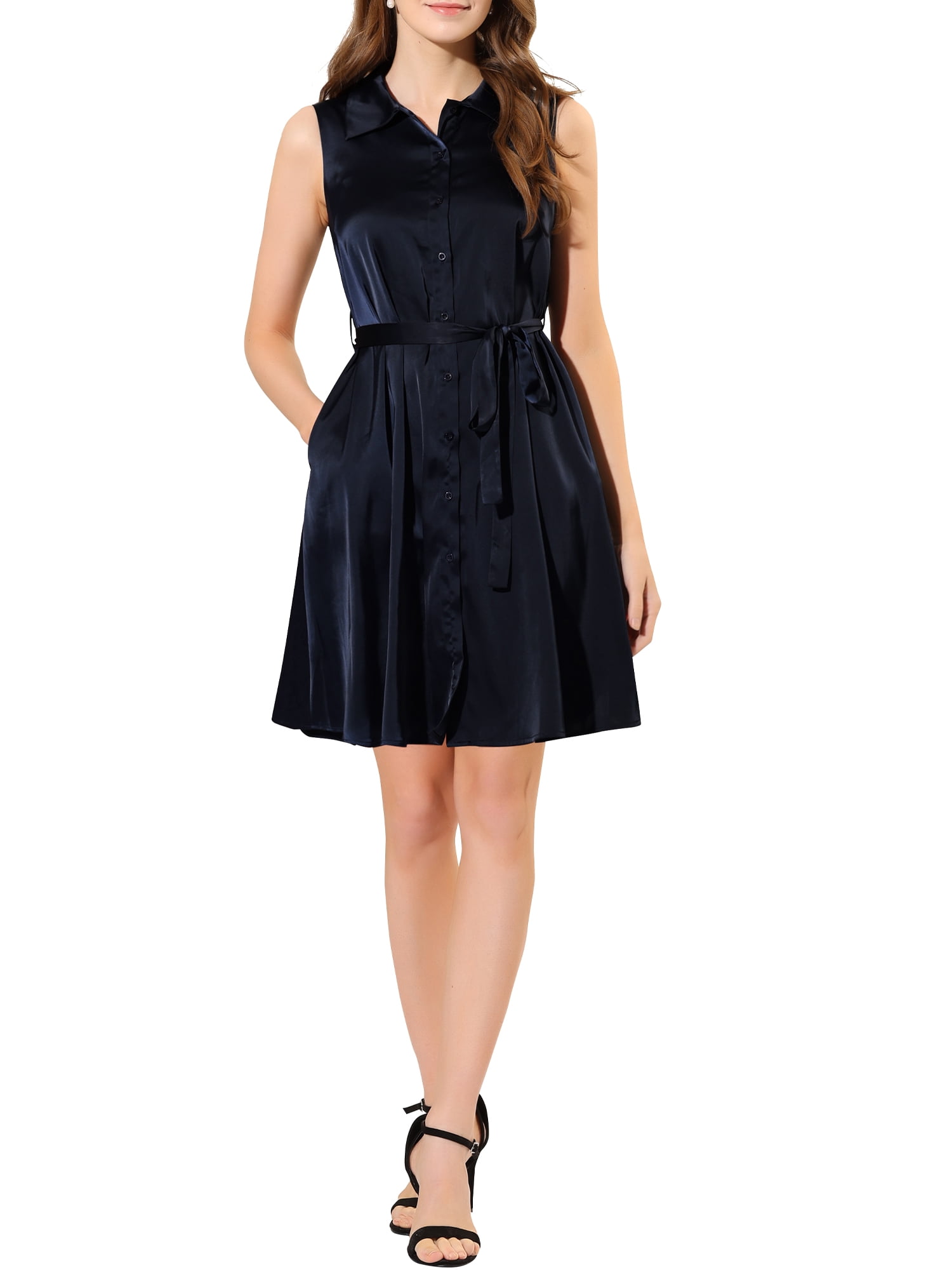 MODA NOVA Juniors Wear to Work Sleeveless Satin Dresses Solid Button Down Belted Shirt Dress