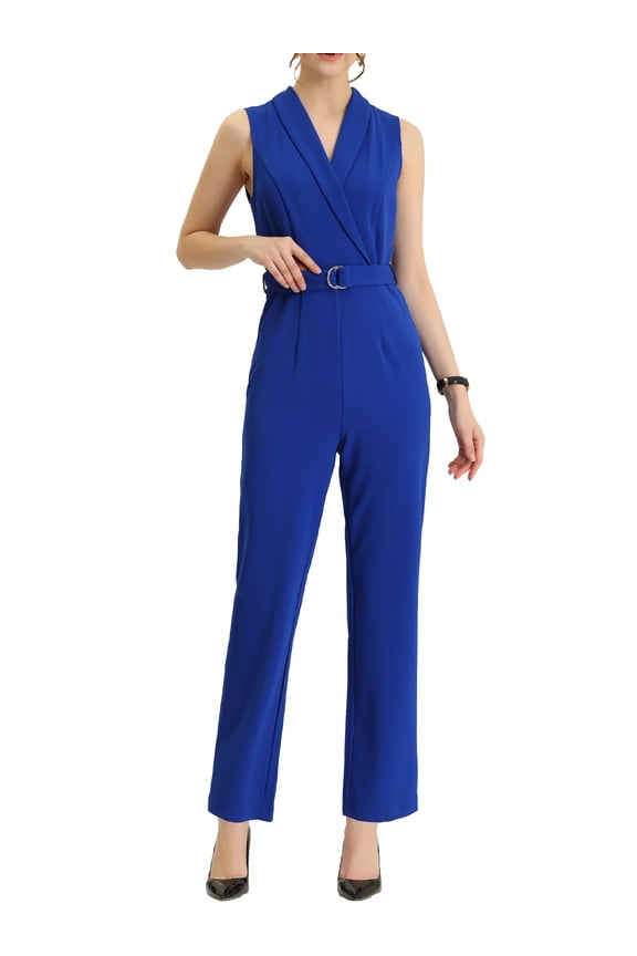 Juniors Sleeveless Shawl Collar Office Belted Cropped Jumpsuit Romper Royal Blue XL