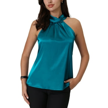 MODA NOVA Juniors Sleeveless Top Halter Neck Tie Back Satin Work Blouse Peacock Blue M