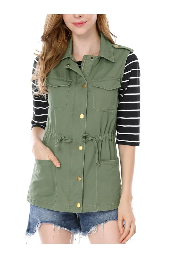 Juniors Sleeveless Zip Up Drawstring Waist Cargo Vest Jacket