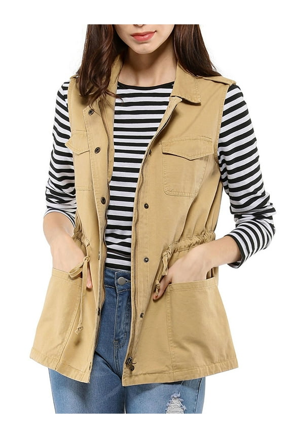 Juniors Sleeveless Zip Up Drawstring Waist Cargo Vest Jacket