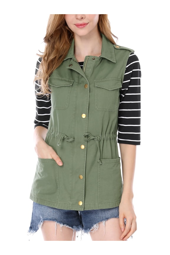 Juniors Sleeveless Zip Up Drawstring Waist Cargo Vest Jacket