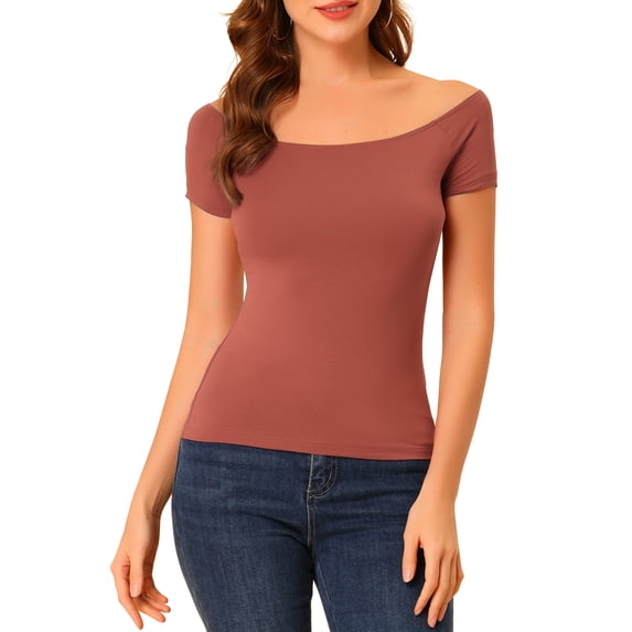 MODA NOVA Juniors Slim Fit Short Sleeves Off the Shoulder Summer Cropped Top Brownish Red XL