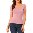 thumbnail image 1 of MODA NOVA Juniors Slim Fit Short Sleeves Off the Shoulder Summer Cropped Top Dark Pink M, 1 of 6