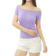 thumbnail image 1 of MODA NOVA Juniors Slim Fit Short Sleeves Off the Shoulder Summer Cropped Top Lavender XS, 1 of 7