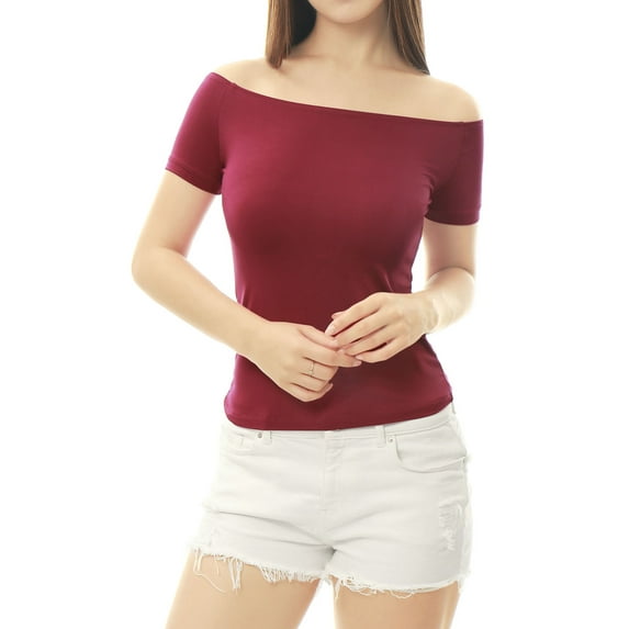 MODA NOVA Juniors Slim Fit Short Sleeves Off the Shoulder Summer Cropped Top Red XL