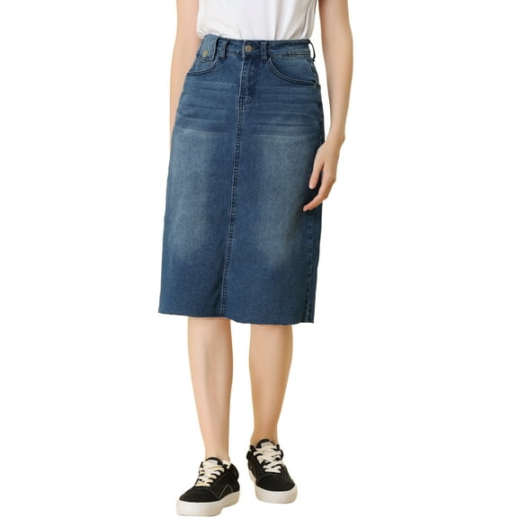 MODA NOVA Juniors Solid Elastic High Waist Back Vent Knee Length Denim Skirt