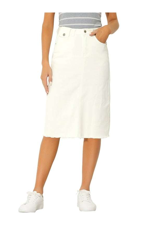 Juniors Solid Elastic High Waist Back Vent Knee Length Denim Skirt