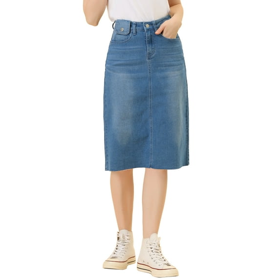 MODA NOVA Juniors Solid Elastic High Waist Back Vent Knee Length Denim Skirt