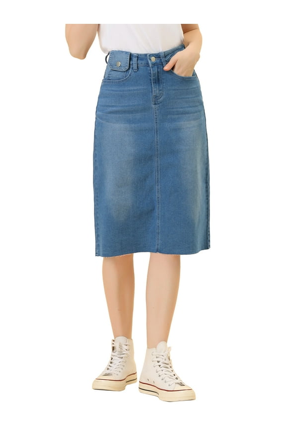 Juniors Solid Elastic High Waist Back Vent Knee Length Denim Skirt