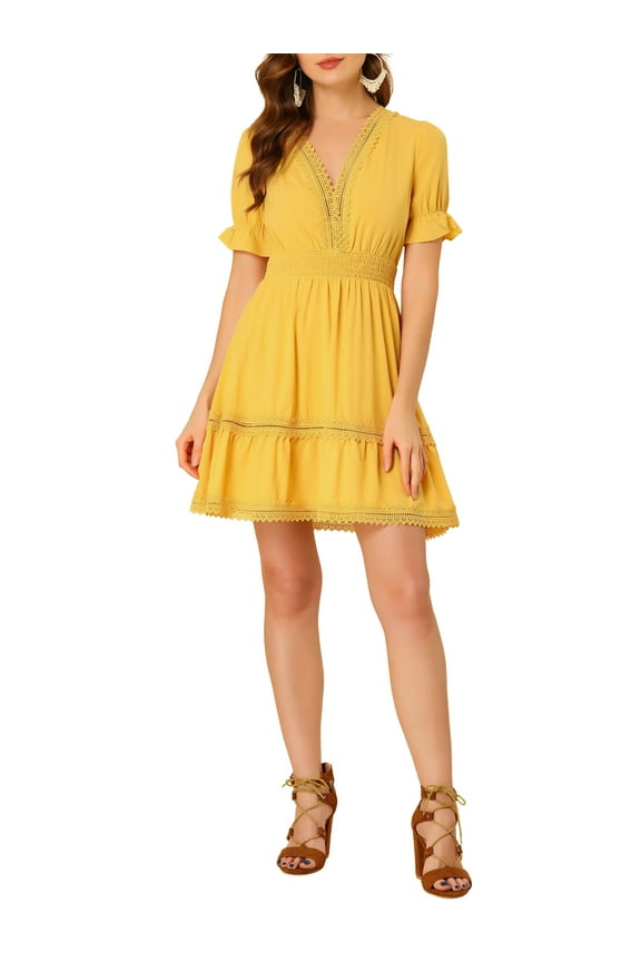 Juniors Solid V Neck Smocked Elastic Waist Short Sleeve Mini Dress