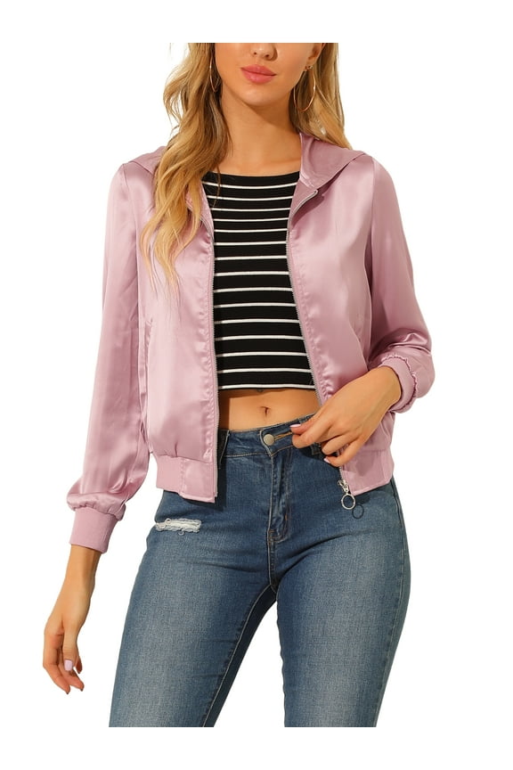 Juniors Sparkle Holographic Shimmering Metallic Zipper Hood Shiny Bomber Jacket