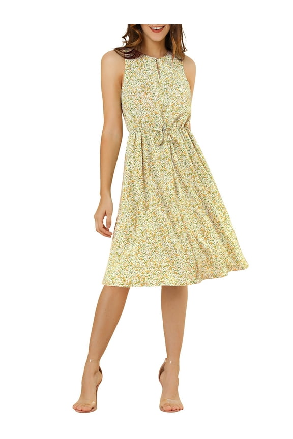 Juniors Split Neck Printed Sleeveless Casual Dress