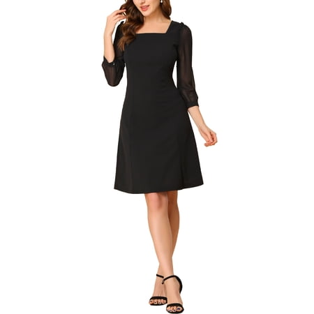 MODA NOVA Juniors Square Neck Ruffle Trim Sheer 3/4 Sleeve Chiffon Mini Dress
