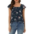 thumbnail image 1 of MODA NOVA Juniors Square Neck Ruffled Short Sleeve Floral Chiffon Blouse, 1 of 7
