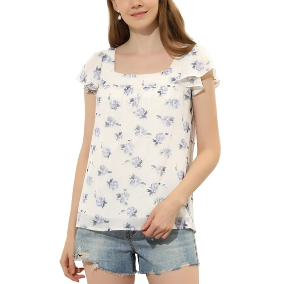 MODA NOVA Juniors Square Neck Ruffled Short Sleeve Floral Chiffon Blouse