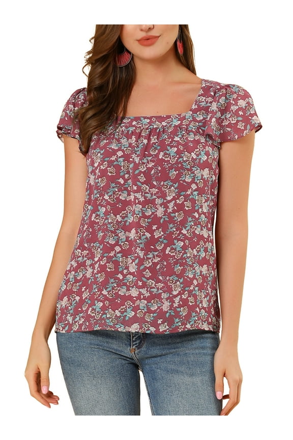 Juniors Square Neck Ruffled Short Sleeve Floral Chiffon Blouse