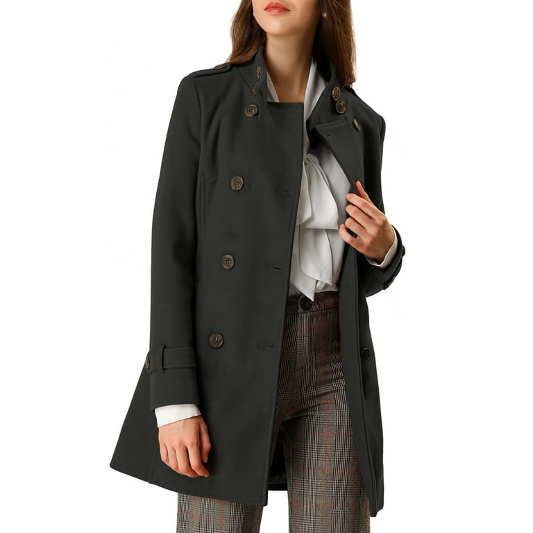 MODA NOVA Juniors Stand Collar Double Breasted Mid Length Winter Trenchcoat Black S