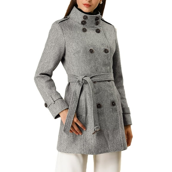 MODA NOVA Juniors Stand Collar Double Breasted Mid Length Winter Trenchcoat Gray M