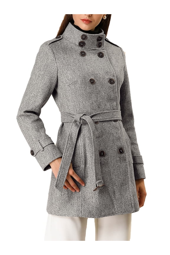 Juniors Stand Collar Double Breasted Mid Length Winter Trenchcoat Gray M