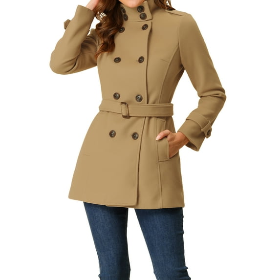 MODA NOVA Juniors Stand Collar Double Breasted Mid Length Winter Trenchcoat Khaki XL