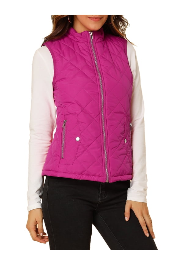 Junior's Zip up Front Stand Collar Slant Pockets Quilted Padded Vest L Fuchsia