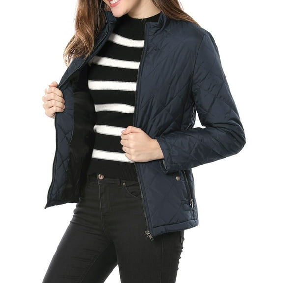 MODA NOVA Juniors Stand Collar Long Sleeves Zip Up Lightweight Quilted Jacket