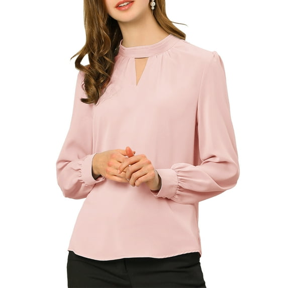 MODA NOVA Juniors Stand Collar Pleated Button Keyhole Button Blouse