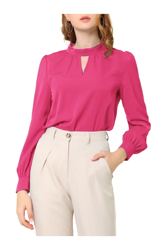 Juniors Stand Collar Pleated Button Keyhole Button Blouse