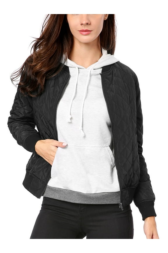 Juniors Stand Collar Zip Up Raglan Sleeves Bomber Quilted Jacket