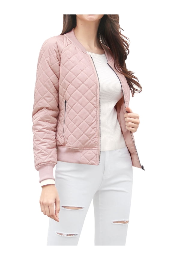 Juniors Stand Collar Zip Up Raglan Sleeves Bomber Quilted Jacket