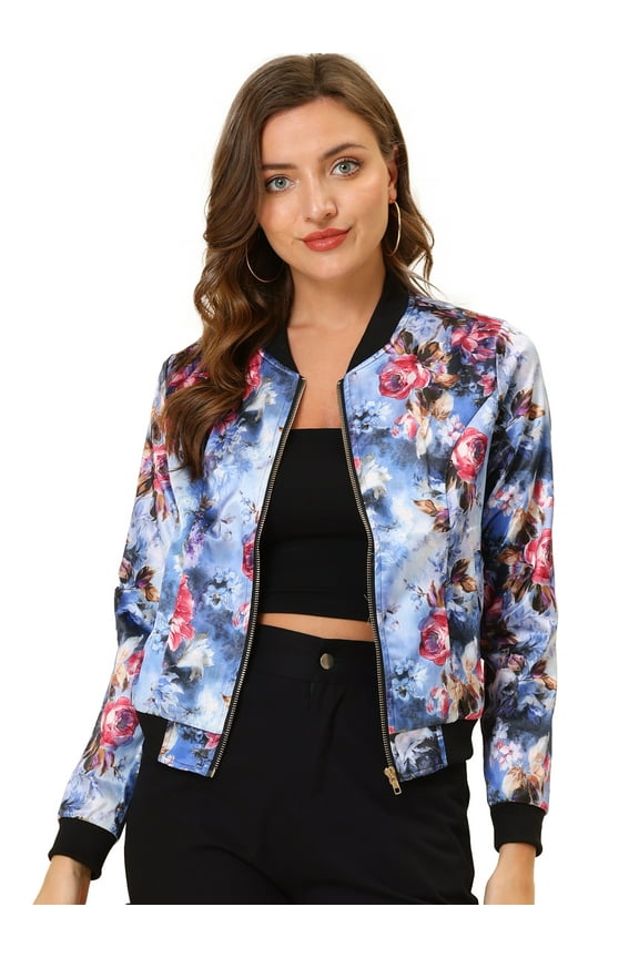 Juniors Stand Collar Zip up Floral Prints Crop Length Bomber Jacket