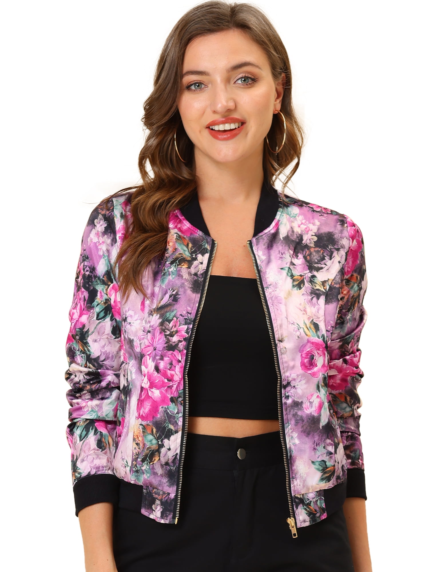 MODA NOVA Juniors Stand Collar Zip up Floral Prints Crop Length Bomber Jacket