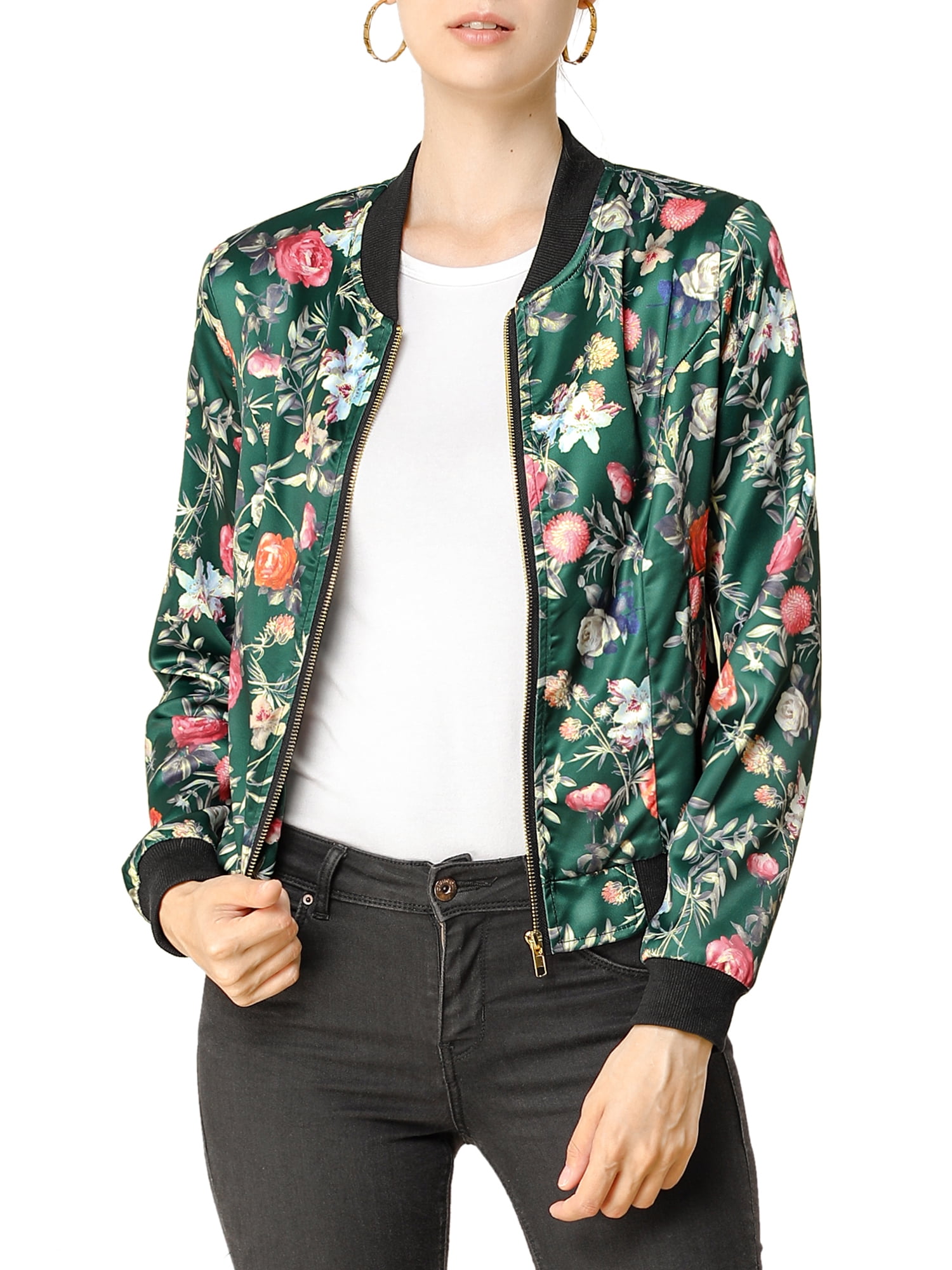 MODA NOVA Juniors Stand Collar Zip up Floral Prints Crop