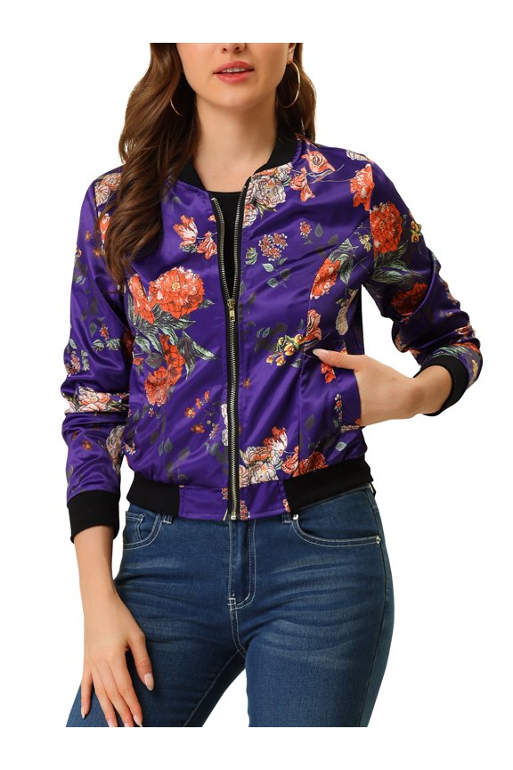 Juniors Stand Collar Zip up Floral Prints Crop Length Bomber Jacket
