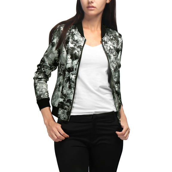 MODA NOVA Juniors Stand Collar Zip up Floral Prints Crop Length Bomber Jacket