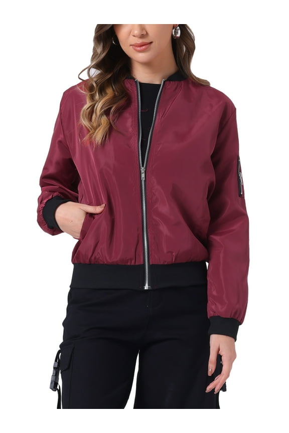 Juniors Standing Collar Long Sleeve Full Zip up Short Bomber Jacket