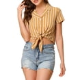 thumbnail image 1 of MODA NOVA Juniors Stripe Button up Short Sleeve Tie Front Short Shirts Brown L, 1 of 6