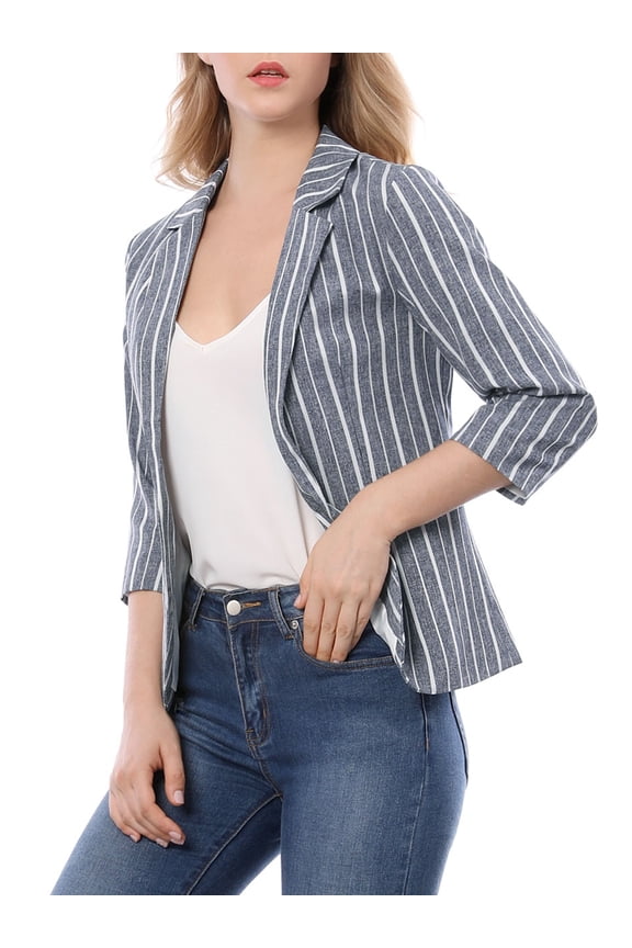 Juniors Striped 3/4 Sleeves Open Front Blazer