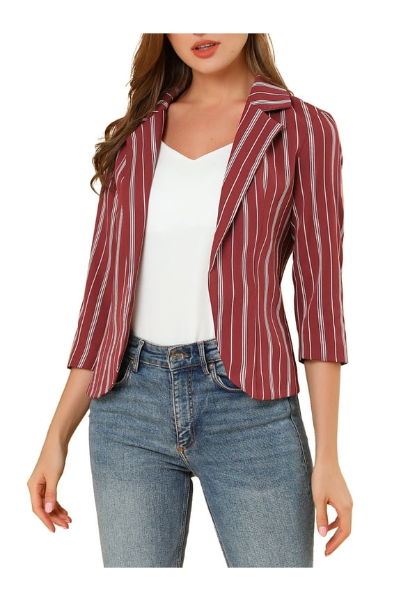 Juniors Striped 3/4 Sleeves Open Front Blazer