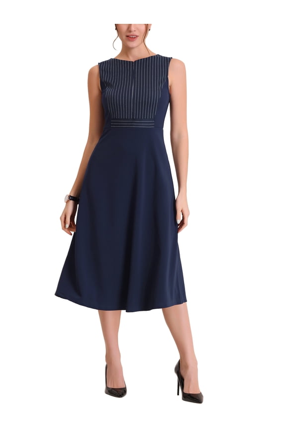 Juniors Striped Crew Neck Sleeveless Midi Work Dress